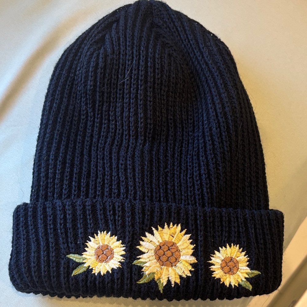 Black Beanie with Sunflower Embroidery